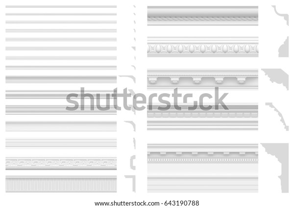 Set of cornices and friezes isolated on white\
background. 3D visualization of gypsum stucco. Seamless texture of\
classic white\
plinth.