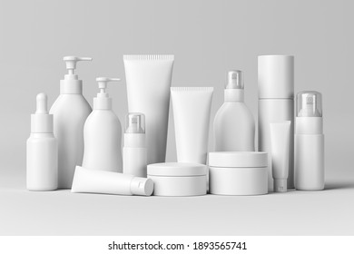 Set of cosmetic products, mock up Set, white color cosmetic products on white background. Blank white bottles, Squeeze tubes and containers. 3d rendering.