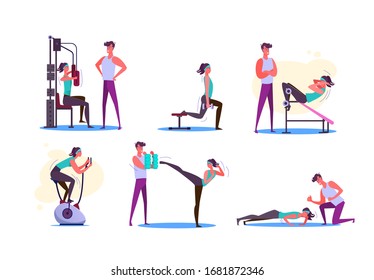 Set of couples exercising. Men and women doing sport in gym. Sport concept. illustration can be used for presentation, project, webpage - Powered by Shutterstock