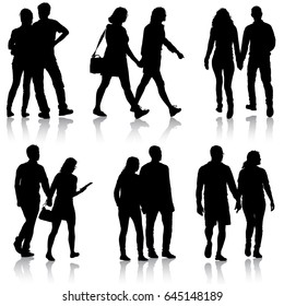 Set Couples man and woman silhouettes on a white background. illustration.