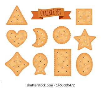 Set of cracker chips different shapes isolated on white background. Biscuit cookies for breakfast, tasty snack, yummy crackers illustration