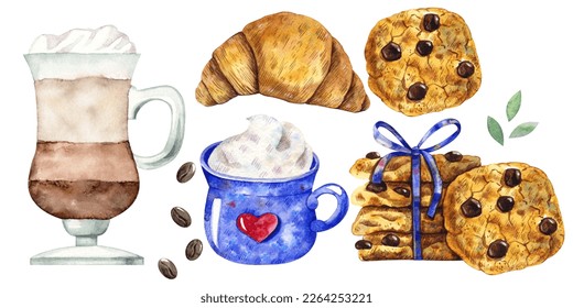 Set croissant  stack chocolate chip cookies  latte in glass mug  Viennese cappuccino in heart mug  green tea leaves  coffee beans watercolor elements isolated white background
