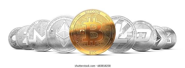 Set of cryptocurrencies with a golden bitcoin on the front as the leader. Bitcoin as most important cryptocurrency concept. 3D render