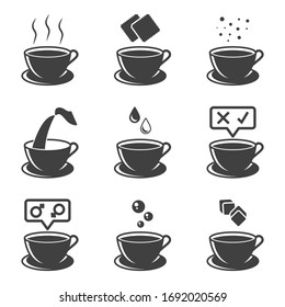 Set Of Cup Icons With Tea Or Coffee. Various Options For Joint Consumption And Dessert Options To Them. Cookies, Creams, Ingredients, And More. Isolated On A White Background.