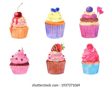 A Set Of Cupcakes With Berries. Watercolor Illustration Of Sweets. Template For Postcard, Poster, Print For Fabric