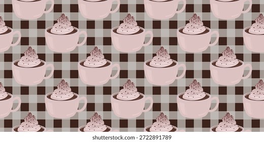 Set of Cups with Hot delicious Drinks. Line drawn mugs with chocolate, Coffee, cocoa and cream. Doodle winter Seasonal elements for design Isolated on white. Cozy Hand drawn illustration. Pattern Design Illustration. 