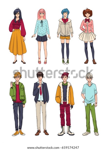 Set Cute Anime Characters Cartoon Girls Stock Illustration