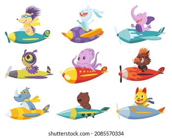 Set of cute baby animals cat, elephant, bear on airplanes. Collection of funny pilots lion, rhinoceros, owl octopus flying on planes. Cartoon  characters flying on retro transport
