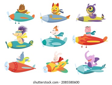 Set of cute baby animals cat, elephant, bear on airplanes. Collection of funny pilots fox, pig and owl flying on planes. Cartoon  characters flying on retro transport
