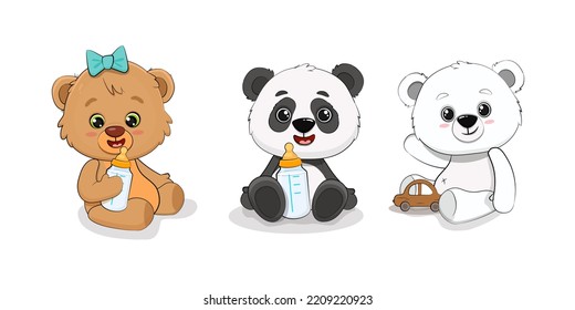 Set Of Cute Bears.Teddy Bear, Polar Bear And Panda Cub With Milk Bottle And Toy. Set Of Cartoon Baby Animals. 