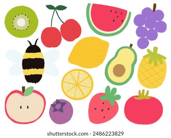 Set with cute bee, cherry, kiwi, lemon, avocado, watermelon, grape blueberry, tomato, strawberry pineapple and apple on a white background  - Powered by Shutterstock