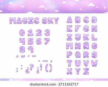 Set of cute bold text typography letters. Letters with pastel border and magical cloud texture filling. To use in your magic pastel girly kawaii fun designs.