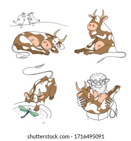Set of cute brown-white cows