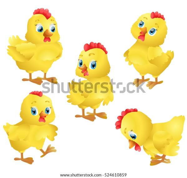 Set Cute Cartoon Chickens Raster Illustration Stock Illustration 524610859