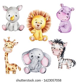 Set with cute cartoon giraffe, zebra, rhinoceros, elephant, hippopotamus and lion; watercolor hand draw illustration; with white isolated background