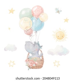 Set of cute cartoon hippo and stars. Watercolor illustration - Powered by Shutterstock