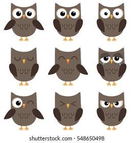 Set of cute cartoon owls with various emotions