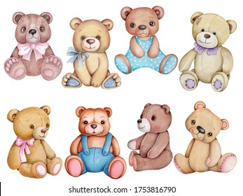 Set of cute cartoon pretty teddy bears, watercolor, hand drawn, isolated.