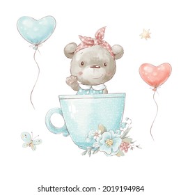 Set of cute cartoon teddy bear with balloons in a cup. Flowers and butterflies - Powered by Shutterstock