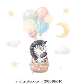 Set Of Cute Cartoon Zebra In A Hot Air Balloon. Watercolor Illustration