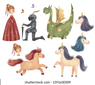 Set of cute characters - princess, knight, dragon, unicorn and butterfly. Hand drawn illustration. - Powered by Shutterstock