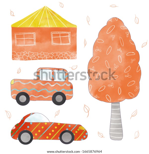 Set cute childish\
cartoon sweet bright for design striped polka dot retro car, house,\
tree, road, cloud isolated on white background autumn orange yellow\
red leaves fall 