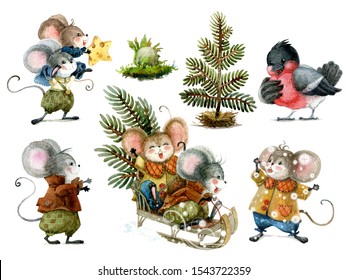 Set Of Cute Christmas Mice In Cartoon Style. Watercolor Christmas Illustration