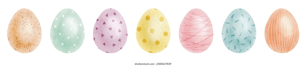 Set of Cute colorful Easter eggs. Paschal Concept with Easter Eggs with Pastel Colors. Isolated watercolor illustration. Elements for Easter cards, covers, posters and invitations. - Powered by Shutterstock