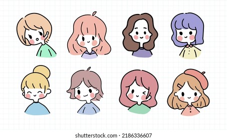 Set Of Cute Colorful Trendy Hand Drawn Portraits With Different Hairstyles. Simple Modern Outlined Cartoon Kawaii Girls On Grid Background.