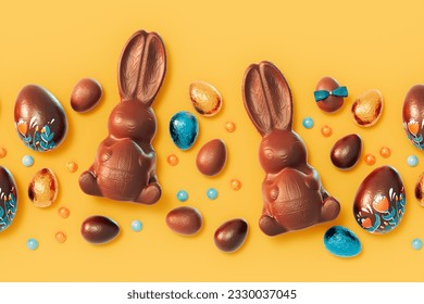 Set of cute and delicious chocolate Easter bunnies and eggs wrapped in colorful foil. Featuring a beautifully decorated chocolate bunny and small sweet drops on an orange background - Powered by Shutterstock