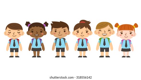 A set of cute diverse children in school uniform with backpacks. Different skintones, hairstyles and facial expressions. - Powered by Shutterstock