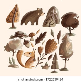 a set of cute forest elements-animals and trees, bear, squirrel, and mushrooms, acorn, autumn leaves