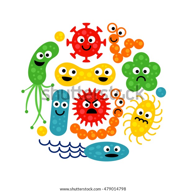 白い背景に平らな漫画風のかわいいおかしな細菌 細菌 のセット 丸い構図 良い微生物と悪い微生物 アートラスターイラスト のイラスト素材