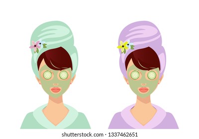 Set Of Cute Girl In Clay Mask Pack And Cucumbers On Eyes. Spa Woman With Towel On Head In Green And Purple Bath Robe Isolated On White Background. Skincare Cosmetics. Cartoon Flat Illustration.