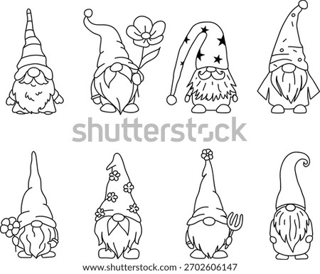 Set of cute gnome characters in simple line art style. Hand-drawn dwarf illustrations with different hats, flowers, and accessories. Perfect for coloring pages, stickers, crafts, greeting cards.