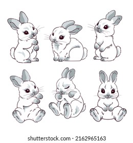 A set of cute gray rabbits, hand-drawn, fluffy white rabbit, a symbol of happy Easter, cute hare, a symbol of spring, cartoon character, cartoon style, portrait of a small animal.