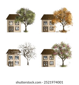 A set with a cute house. A house with tree in 4 seasons. winter, summer, fall, and spring. The exterior of a nice house. Hand drawing. White background