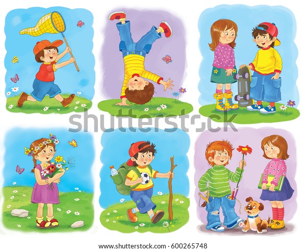 天気のいいときに外で遊ぶかわいい子供たちのセット 子ども向けのイラスト おかしな漫画のキャラクター のイラスト素材 600265748