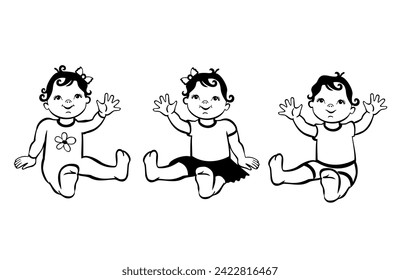 Set with cute little baby. Active baby of 3-12 months. First year baby development. Baby sit. Adorable sitting and laughing cartoon toddler character. Happy cute babies sitting. Toddler girls and boys - Powered by Shutterstock