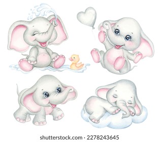 Set of cute little elephants poses. Collection of cartoon funny safari baby animals Watercolor hand drawn illustration. Perfect for kids greeting cards and invitations, baby shower for boys - Powered by Shutterstock