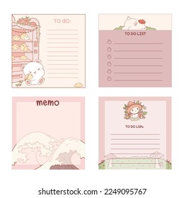 Set of Cute memo template. Cute note template with stripes and cute bear for printing or bullet journal. Bullet journal sticky notes.  