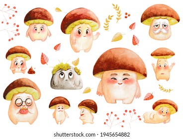 A set cute mushrooms  Watercolor mushrooms  This illustration is suitable for printing fabric  wall decoration in the children's room  as well as for funny greeting cards 
