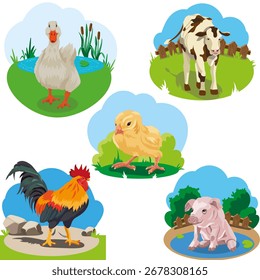 a set of cute pets with landscape elements