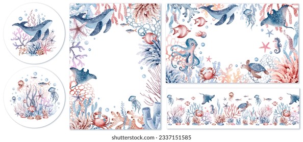 Set of cute postcards with sea animals. Collection of postcards with starfish, whale, crab, jellyfish, coral, fish, turtle. Watercolor illustration, hand drawn style. Marine theme.Invitation templates - Powered by Shutterstock