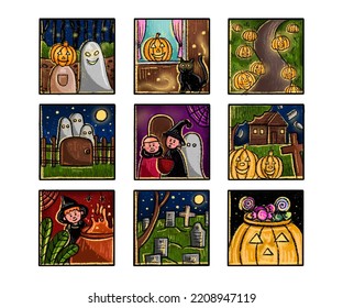 Set Of Cute Posters Hand Drawn Halloween Day. Children Dressing Up In Ghost Themed Costumes, Holding Parties. Sharing A Meal With Family Or Friends, Knocking On The Door To Ask For Candy Or Money.