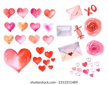 Set of cute romantic watercolor Valentine's Day elements. Isolated on white background. Can be used for valentine's day, greeting cards and invitations. Hand drawn watercolor illustration. - Powered by Shutterstock