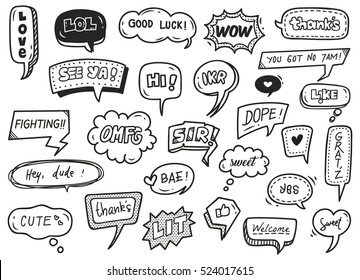 set of cute speech bubble with text in doodle style