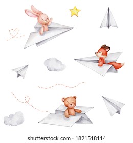 Set with cute teddy bear, bunny and fox flying on the paper airplanes, clouds and stars; watercolor hand draw illustration; can be used for cards or baby shower; with white isolated background