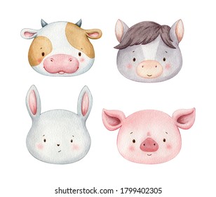 Set of cute watercolor animal faces. Domestic farm animals hand painted illustrations. 