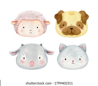 Set Of Cute Watercolor Animal Faces. Domestic Farm Animals Hand Painted Illustrations. 